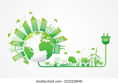 ecología sostenible de la ciudad verde y energía eléctrica. ecopaisaje urbano en la tierra. Día mundial del medio ambiente. 
ilustración vectorial en diseño moderno de estilo plano. aislado de fondo blanco.