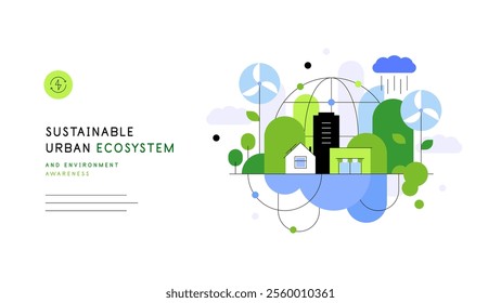 Green city and sustainable ecosystem. Slide, web banner. Flat illustration. Vector file.