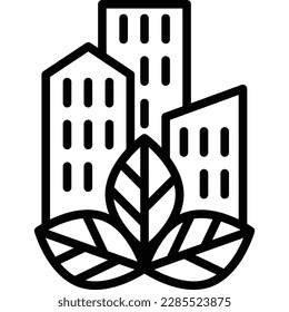 Green city thin line icon. Real estate, buildings with leaf. Eco town. Modern vector illustration.