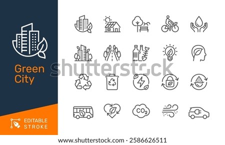 Green city thin line icons. Editable stroke. Pixel perfect.