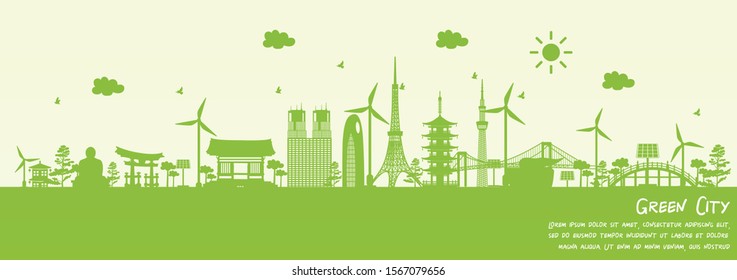 Green city of Tokyo, Japan. Environment and ecology concept. Vector illustration.
