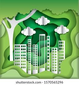 green city with tree and clouds paper cut art. vector illustration