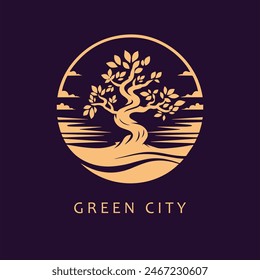 Green City tree logo mark design. Organic nature icon. Natural plant emblem. Tree of life symbol. Vector illustration.