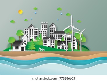 Green city and urban landscape paper art style design.Eco friendly and renewable energy of environment conservation concept.Vector illustration.