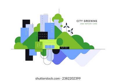 Green city. Urban and nature. Symbiosys living, sustainability and urbanistics. Modern simple flat illustration. Vector file.