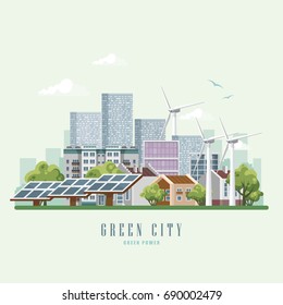 Green City Vector Concept. Infographic With Set Of Buildings, Infrastructure, Modern Technology And Plants. Wind Power And Solar Stations