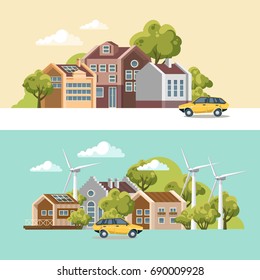 Green city vector concept. Infographic with set of buildings, infrastructure, modern technology and plants. Wind power stations