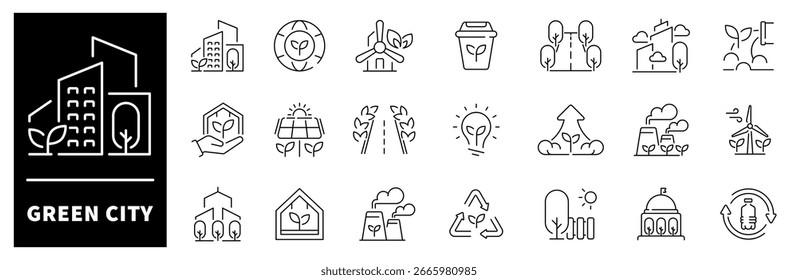 Green city vector icons in line style. Green city icons set. ECO city related icons