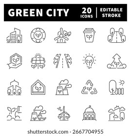 Green city vector icons in line style. Green city icons set. ECO city related icons
