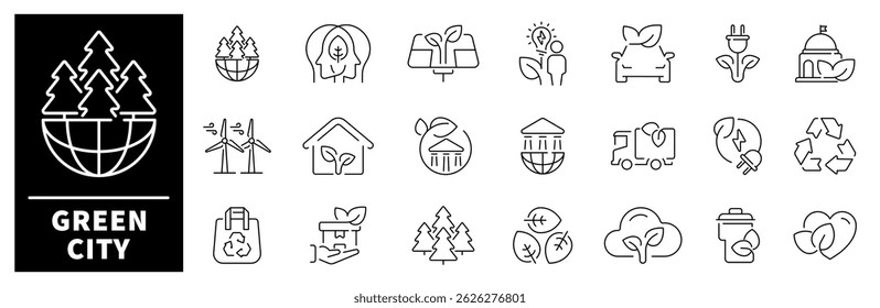 Green city vector icons. Thin line icons set related to green city and ecology. Renewable energy, quality, eco, ecological, environment, sustainable development