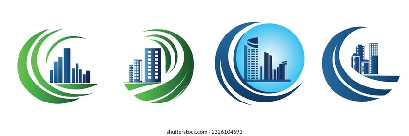 Green City vector logo with building isolated white background 