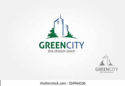 Green City Vector Logo Template.  A simple building image made from a simple line incorporate with a silhouette of trees. it's good for symbolize a green city concept.