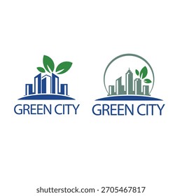 Logos verdes del Vector de la ciudad con el horizonte de la construcción y las hojas que crecen