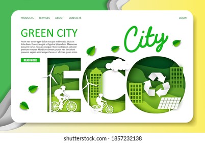 Green city vector website template, landing page design for website and mobile site development. Paper cut craft eco friendly city with green alternative energy, people riding bicycle transport.