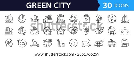 Green city Web Icon Set in Line Style. Collection of Green energy Linear Icons, Including renewable energy, autonomous building, air and water quality, zero waste, environmental. Editable Stroke