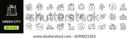 Green city Web Icon Set in Line Style. Collection of Green energy Linear Icons, Including renewable energy, autonomous building, air and water quality, zero waste, environmental. Editable Stroke