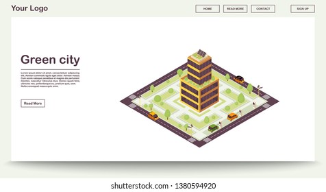 Green city webpage vector template with isometric illustration. Smart building with solar grids, plants. Eco house. Sustainable environment. Website interface design. Landing page 3d concept