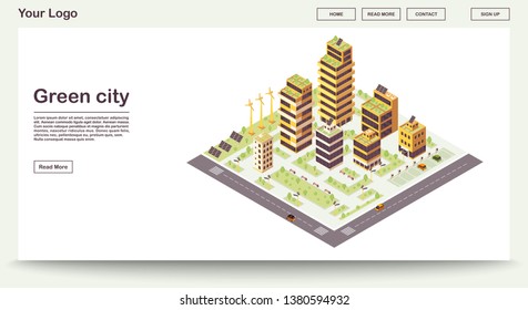 Green city webpage vector template with isometric illustration. Smart buildings with solar grids, plants. Eco town. Sustainable environment. Website interface design. Landing page 3d concept