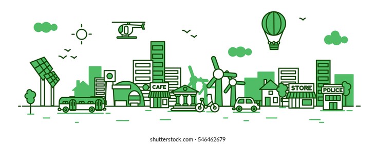 Green City for website banner and landing page , Flat line design for website element, vector 