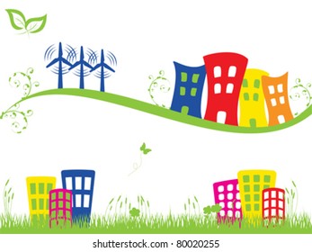 Green city with wind turbines