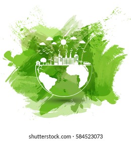 Green city of the world, Eco friendly concept with green watercolor paint background, Vector illustration