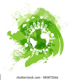 Green city of the world, Eco friendly concept with green watercolor paint background, Vector illustration