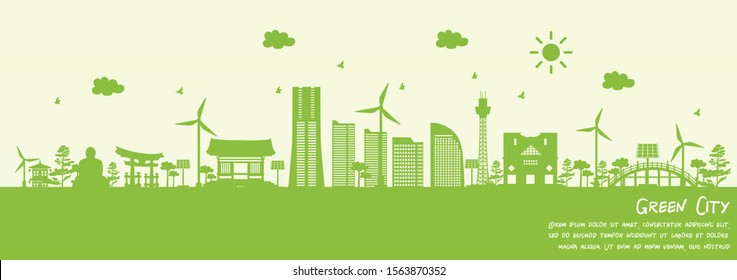 Green city of Yokohama, Japan. Environment and ecology concept. Vector illustration.