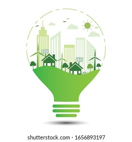 green cityscape on light bulb ecology. eco sustentable idea logo. vector illustration flat design. natural and environmental concept. save energy save the world.