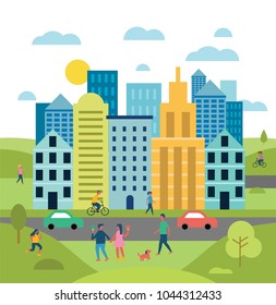 Green Cityscape with people walking and biking flat Vector Illustration