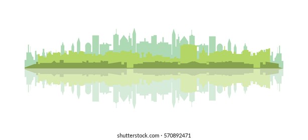 Green cityscape silhouette with reflection
vector illustration