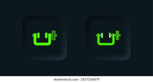 Green Clamp and screw tool icon isolated on black background. Locksmith tool. Black square button. Vector