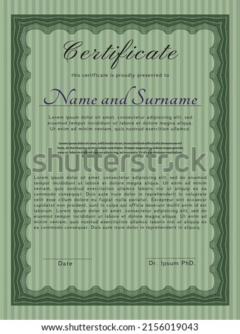 Green Classic Certificate or Diploma template.  Money Pattern.  With guilloche pattern and background.  Vector illustration. 