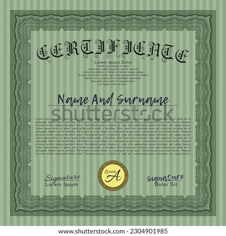 Green Classic Certificate or Diploma template.  Elegant design.  With great quality guilloche pattern.  Vector illustration. 