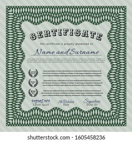Green Classic Certificate template. Artistry design. Customizable, Easy to edit and change colors. With guilloche pattern. 