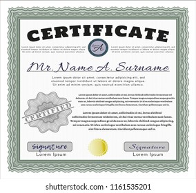 Green Classic Certificate template. Complex background. Lovely design. Vector illustration. 