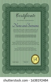 Green Classic Certificate template. With complex linear background. Sophisticated design. Vector illustration. 