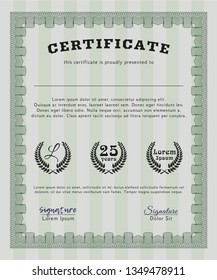 Green Classic Certificate template. Cordial design. With linear background. Vector illustration. 