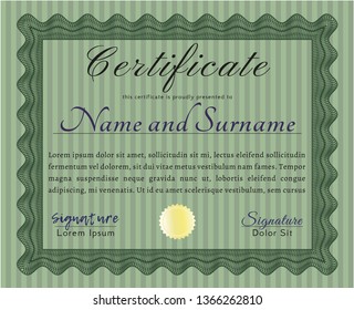 Green Classic Certificate template. Cordial design. Vector illustration. With guilloche pattern. 