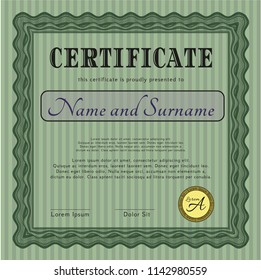 Green Classic Certificate template. With great quality guilloche pattern. Artistry design. Vector illustration. 