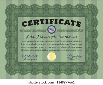 Green Classic Certificate template. With guilloche pattern. Money design. Vector illustration. 