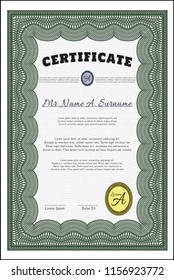 Green Classic Certificate template. With linear background. Money Pattern design. Detailed. 
