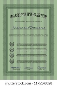 Green Classic Certificate template. With linear background. Lovely design. Detailed. 