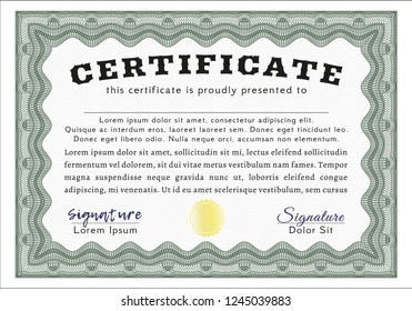 Green Classic Certificate template. Money style design. Vector illustration. Complex background. 
