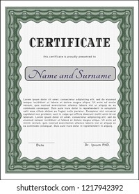 Green Classic Certificate template. Nice design. Vector illustration. With great quality guilloche pattern. 