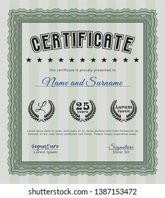 Green Classic Certificate template. Printer friendly. Vector illustration. Money Pattern design. 
