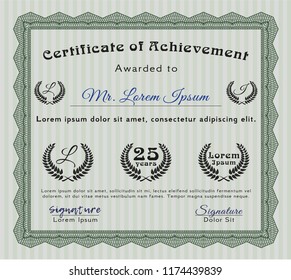 Green Classic Certificate template. Superior design. Vector illustration. With great quality guilloche pattern. 
