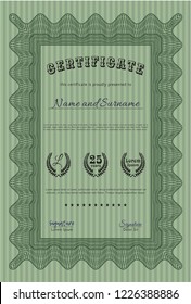 Green Classic Certificate template. Vector illustration. With great quality guilloche pattern. Nice design. 
