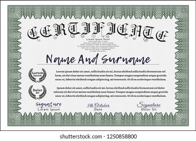 Green Classic Certificate template. Vector illustration. With great quality guilloche pattern. Money Pattern. 