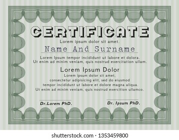 Green Classic Certificate template. Vector illustration. With guilloche pattern. Excellent design. 