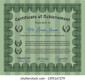 Green Classic Certificate template. Vector illustration. With complex linear background. Lovely design. 
